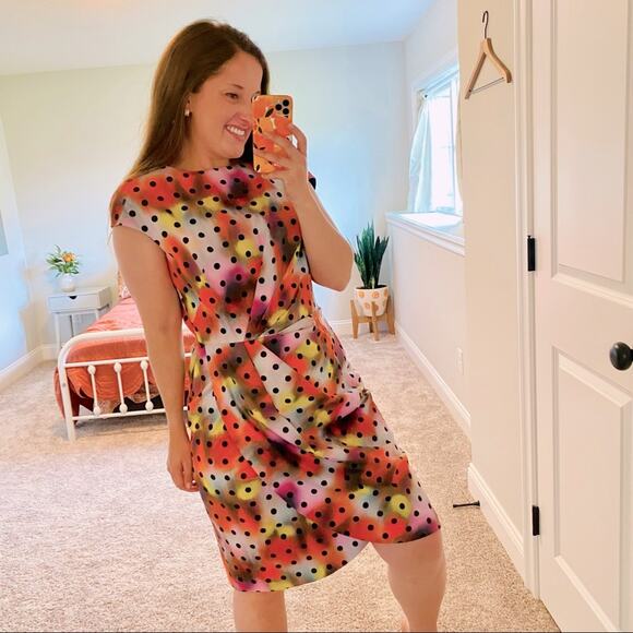 Lela Rose Red Pink Yellow Polka Dot Sheath Mini Dress 12 - Picture 1 of 16